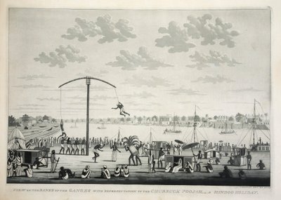 Vista nas margens do Ganges com representação do Churruck Poojah…, pub. gravura de 1810. de James Moffat