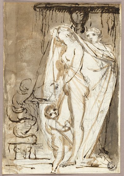 Escultor desnudando a escultura de uma mulher nua e criança de James Northcote