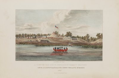 Uma vista do terreno do Tratado de Butte Des Morts; com a chegada dos comissários Gov. Lewis Cass e Col. McKenny, do The Aboriginal Portfolio de James Otto Lewis