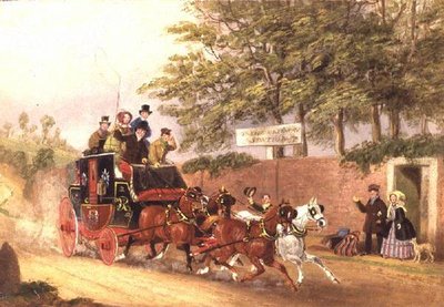 Uma carruagem de correio que passa por viajantes numa estrada de James Pollard