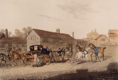 Troca de cavalos para a carruagem do correio (gravura colorida) de James Pollard