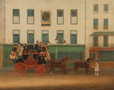 O treinador de palco Londres-Manchester, "o Peveril of the Peacock", fora do Peacock Inn, Islington de James Pollard