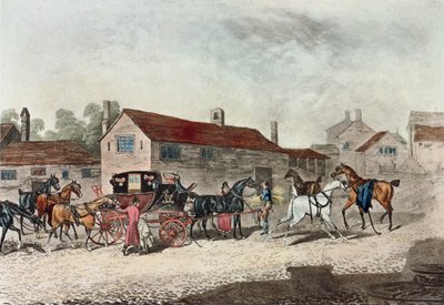 O treinador de correio mudando cavalos, gravado por R. Havell, 1815 de James Pollard