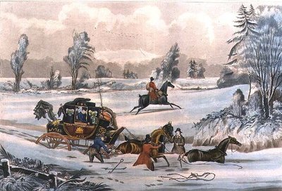 The Mail Coach in a Drift of Snow, gravado por G. Reeves, pub. por J. Watson 21/9/1825 (gravura) de James Pollard