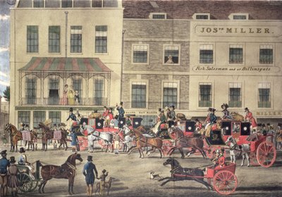 Mensagens do oeste do país no Gloucester Coffee House, Piccadilly, gravado por C. Rosenberg, 1828 de James Pollard