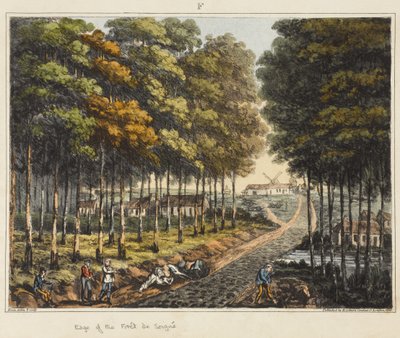 Borda do Foret de Soignes, de &39;uma conta histórica da batalha de Waterloo&39;, 1817 (aquatint colorido) de James Rouse