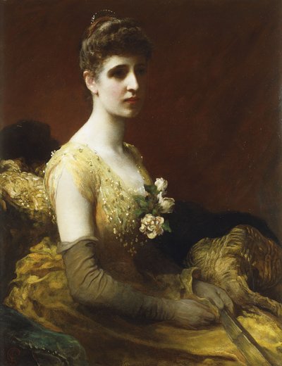 Retrato de Lady Dixon de Rheda, três quartos, sentada usando um vestido amarelo com flores segurando um leque, de James Sant