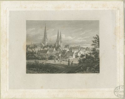 Catedral de Lichfield - vista noroeste (distante): gravura, nd [c 1816] (impressão) de James Storer