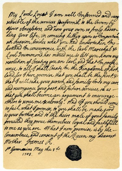 Carta de James Edward Stuart a Simon Fraser, Lord Lovat, St Germains, 3 de maio de 1703. de James Stuart