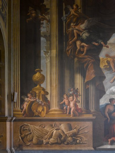 Detalhe da parede oeste do Hall pintado, c.1707-27 pintura de parede de James Thornhill
