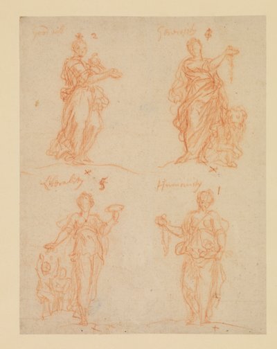 Quatro virtudes - boa vontade, generosidade, liberalidade e humanidade, século XVII de James Thornhill