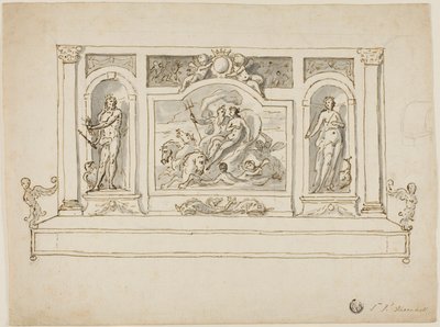 Neptuno e Anfitrite ladeados por Júpiter e Juno: desenho para um banco de jardim ou de salão pintado de James Thornhill