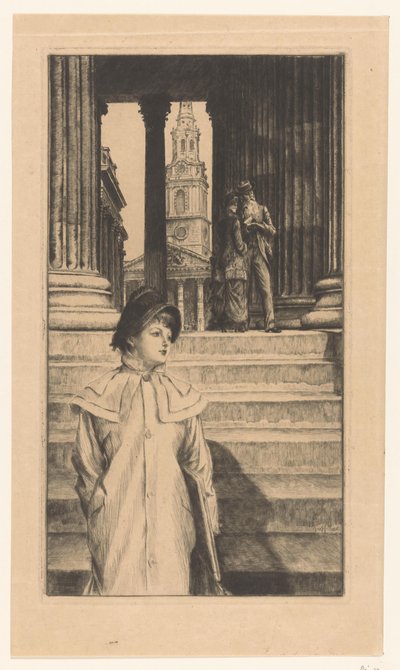 Jovem mulher desce os degraus da National Gallery em Londres de James Tissot