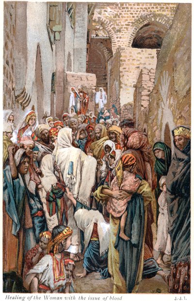 Mulher com questão de sangue tocando a borda da veste de Jesus e sendo curada, c1890 de James Tissot