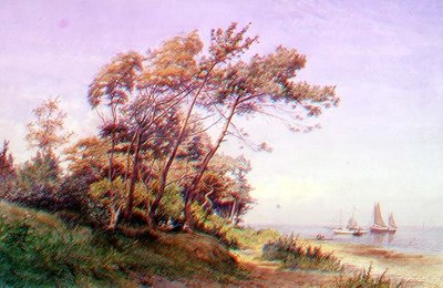 Um piquenique na costa, Ilha de Wight, com um iate atracado ao largo voando o estandarte do Esquadrão Real de Iates de James Waite