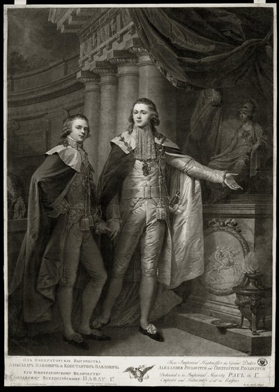 Retratos dos Grão-Duques da Rússia Alexandre I Pavlovich (1777-1825) e Constantin Pavlovich (1779-1831). Obra de James Walker (1748-cerca de 1808), gravura de 1797. Arte inglesa de James Walker