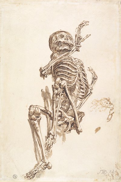 Um esqueleto humano (caneta e lavagem de tinta e lápis sobre papel) (reto) de James Ward