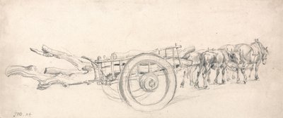 Um carrinho de madeira carregado com troncos de árvores, desenhado por um par de cavalos e um par de bois de James Ward