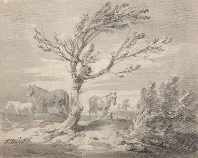 Paisagem com Três Cavalos e uma Árvore em Primeiro Plano de James Ward