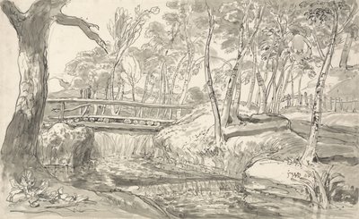 Paisagem de rio com cachoeira (caneta e tinta para lavar no papel) de James Ward