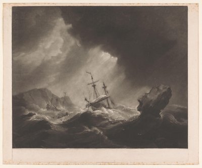 Tempestade no mar com naufrágio e navio afundando de James Watson (prentmaker)