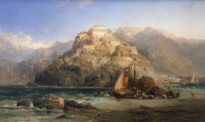 Vista de San Sebastian (Espanha), ao centro, o Monte Urgull e os edifícios do castelo de Santa Cruz de la Mota. Óleo sobre tela de James Webb (ativo entre 1853 e 1888). de James Webb