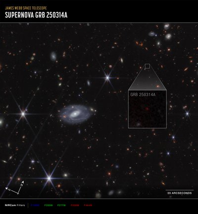 Ampliação do GRB 250314A (imagem da NIRCam da Compass) de James Webb Space Telescope (NASA)