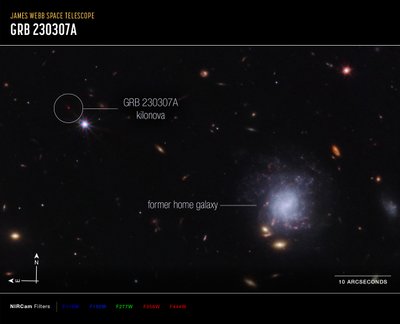 Imagem da Kilonova e da bússola da galáxia hospedeira de James Webb Space Telescope (NASA)