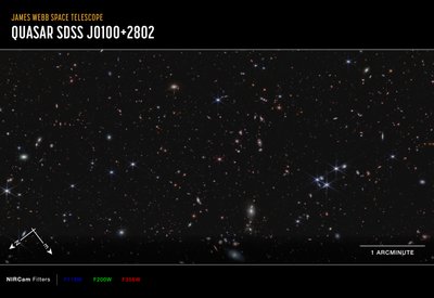 Quasar J0100+2802 (Imagem da NIRCam Compass) de James Webb Space Telescope (NASA)