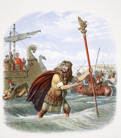 O portador do padrão romano do desembarque da 10ª legião na Grã-Bretanha, 55BC 1864.   de James William Edmund Doyle