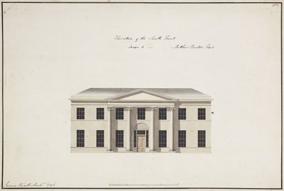 Casa Soho: Plano do andar térreo; Planta do Andar Quarto; Elevação da frente sul, projeto A, elevação da frente sul, projeto B e elevação da frente norte, 1796 de James Wyatt