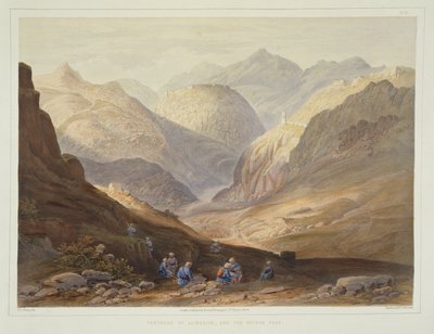 Fortaleza de Alimusjid e a Passagem de Khybur, placa 13 do Cenário, Habitantes e Fantasias do Afeganistão, gravada por WL Walton, 1848 de James after Rattray