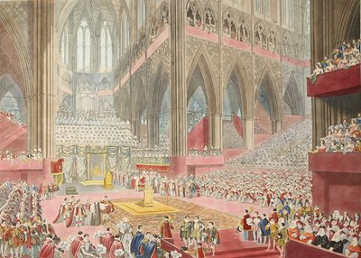A Coroação de Sua Majestade, George The Fourth: Tomada na época do reconhecimento, pub. 1822 (gravura colorida à mão) de James after Stephanoff