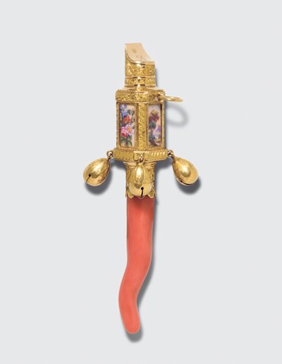 Chocalho de criança da Regência, mordedor e apito, marcado Londres 1815-1816 (ouro esmaltado e coral) de James and Ray John Montague