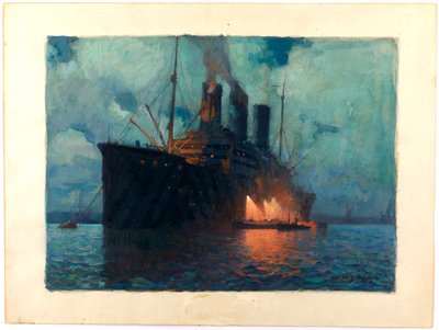 Coaling a Transport at Night, c.1919 (óleo sobre cartão) de James de Vine Aylward