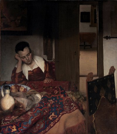 A Sleeping Girl - Pintura de Johannes Vermeer (Vermeer de Delft) (1632-1675), óleo sobre tela de Johannes Vermeer