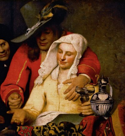 Um homem estende uma moeda a uma mulher tocando seu peito, detalhe de The Procuress de Johannes Vermeer