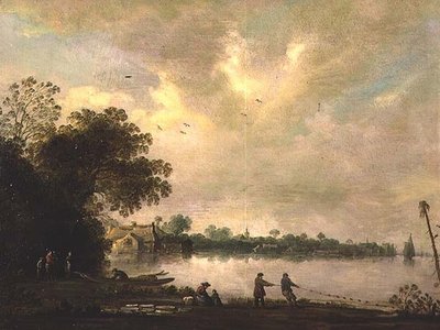 Uma paisagem fluvial com pescadores desenhando em rede de Jan (attr. to) Coelenbier