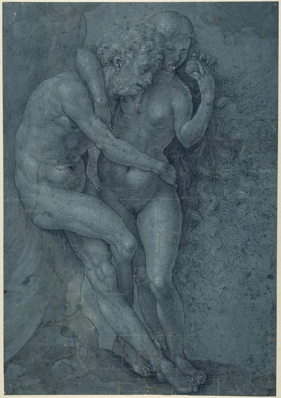 Adão e Eva (caneta e tinta preta com corpinho branco sobre papel) de Jan (c.1472 c.1533) Gossaert