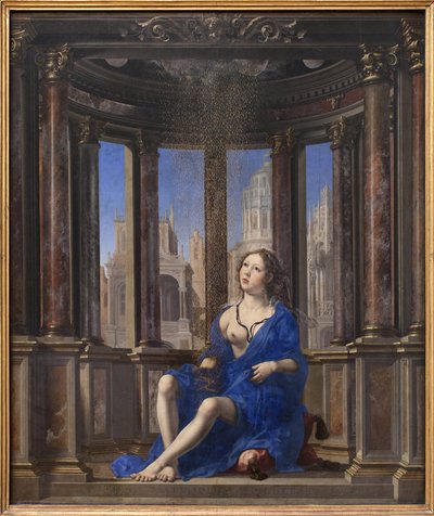 Danae. Júpiter transforma-se numa chuva dourada para seduzir a jovem mulher. Pintura de Jan Gossaert dit Mabuse (1478-1532), óleo sobre madeira (95 x 113 cm) de Jan (c.1472 c.1533) Gossaert