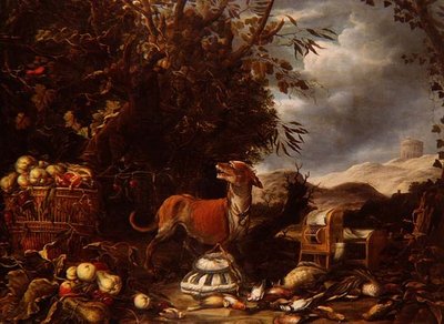 Uma natureza morta de caça de aves mortas, gaiolas de pássaros, frutas e um cachorro por um caramanchão em uma paisagem de Jan (follower of) Fyt