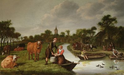 Paisagem do rio com um casal carregando uma batedeira de leite de Jan 1620-76 Victors