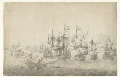 Uma batalha naval, possivelmente em Lowestoft em 13 de Junho de 1665 (página à esquerda) de Jan Abrahamsz. Beerstraten (possibly)