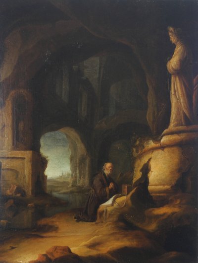Um eremita em oração em uma gruta com ruínas clássicas de Jan Adriansz van Staveren