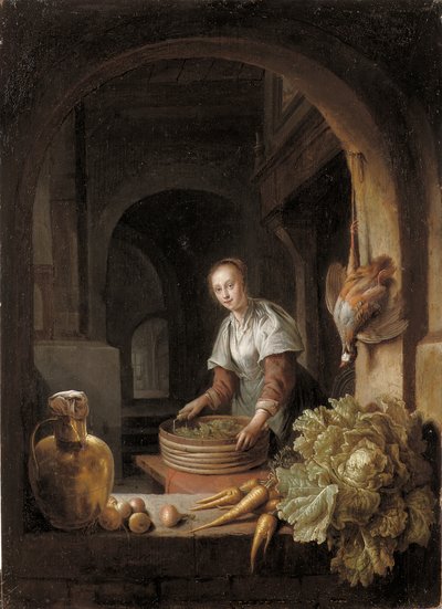 Uma empregada preparando legumes em uma cozinha de Jan Adriansz van Staveren