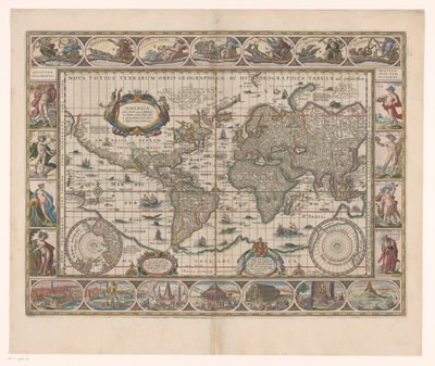 Mapa mundial com fronteiras decorativas
Nova totius terrarum orbis geographica ac hidrographica tabula de Jan Aertse van den Ende