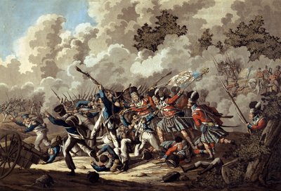 Derrota da Guarda francesa pelos Highlanders, La Haye Sainte, durante a Batalha de Waterloo, 1815 (aquatinta colorida) de Jan Anthonie Langendyk