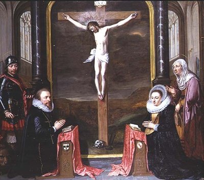 Uma Crucificação com Retratos dos Doadores Adriaen Meusyenbroeck e sua Esposa, Anna Elant, Atendida por Santo Adrian e Santa Isabel de Jan Anthonisz. van Ravesteyn