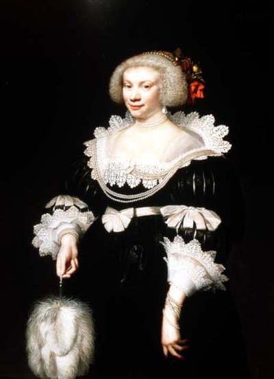 Retrato de uma senhora de vestido preto com gola de renda e punhos de Jan Anthonisz. van Ravesteyn