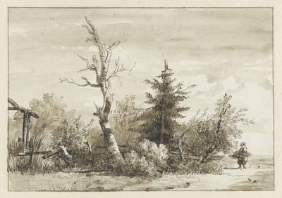 Paisagem com grupo de árvores e um respigador à direita de Jan Apeldoorn
